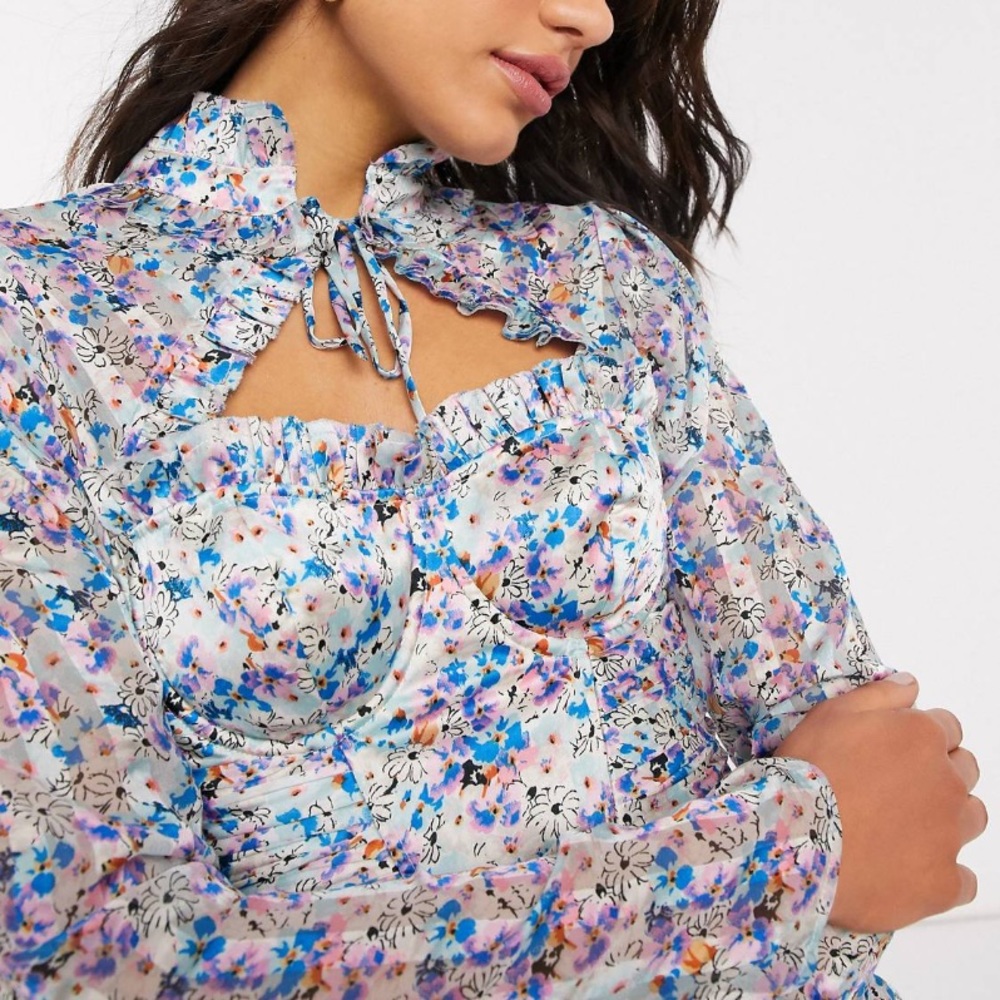 ASOS Design Floral Cupped Tie Neck Structured Ruched Mini - Picture 3 of 12